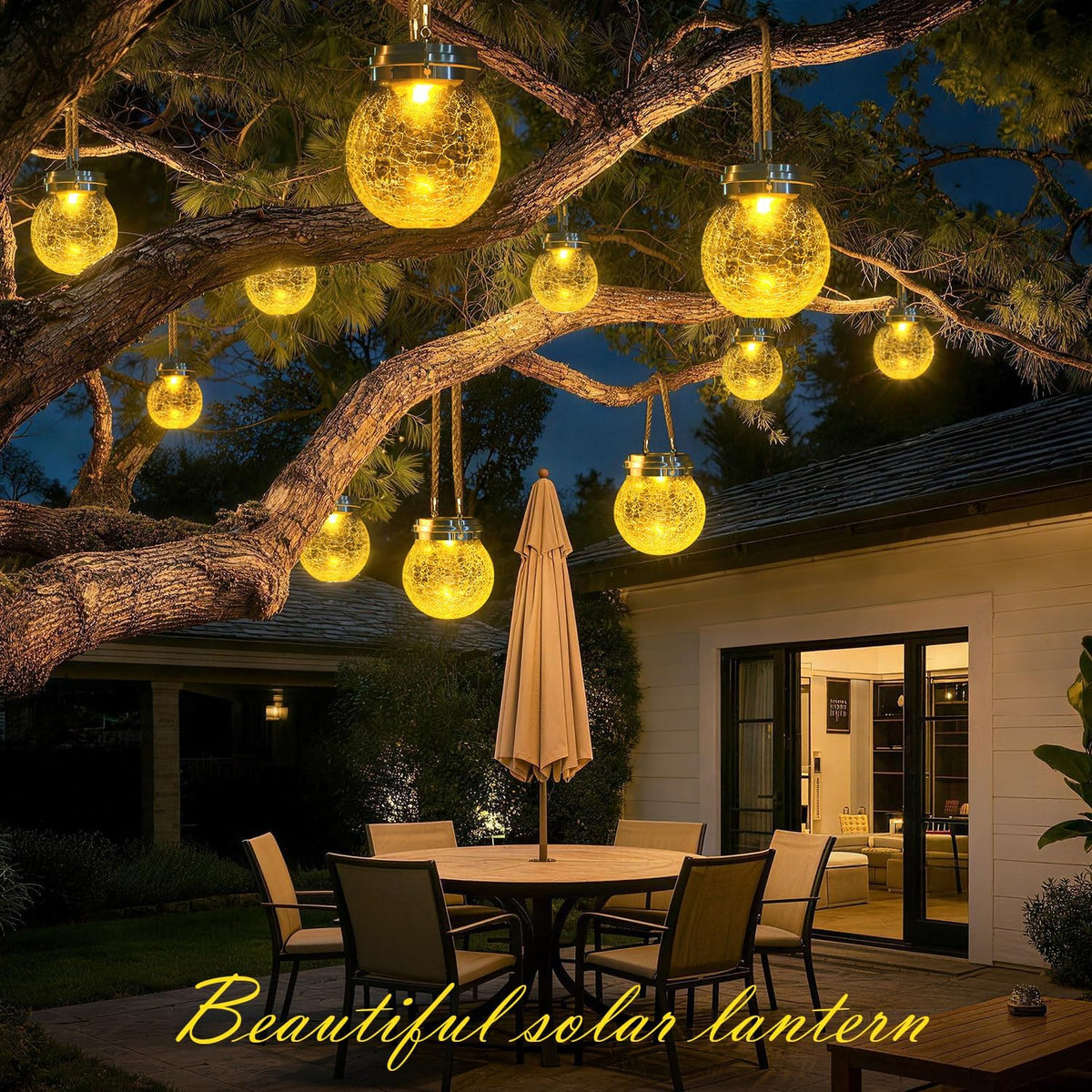Solar Lanterns Outdoor Waterproof, 4 Pack Hanging Solar Lights Outdoor Garden Decor, Amber Warm & RGB LED Globe Cracked Glass Ball Lantern for Yard Tree Fence Patio Porch Events Deck Pathway