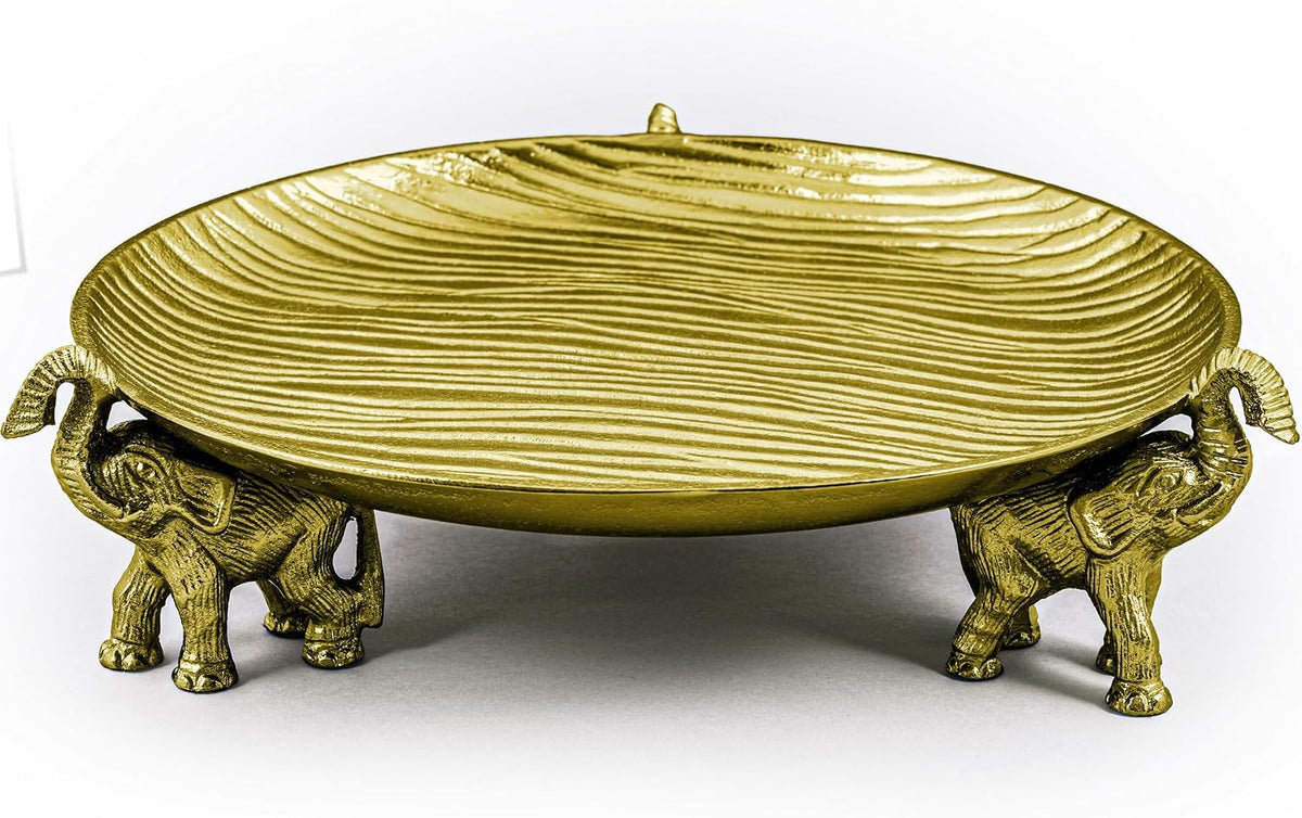 Antique Gold Tray with Elephant Stand - round Coffee Table Centerpiece