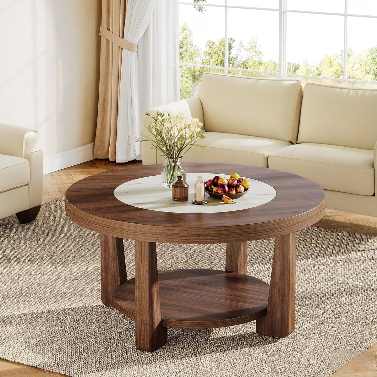 Coffee Table, 2-Tier round Coffee Tablefor Living Room, Industrial Circle Wood Accent Center Table with Heavy-Duty Wood Tabletop and Storage, Brown and White