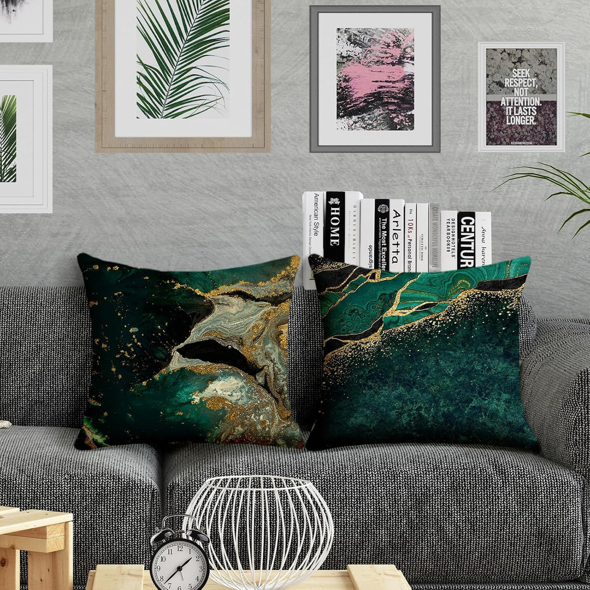 Emerald Green and Gold Marble Throw Pillow Covers 18X18 Set of 4
