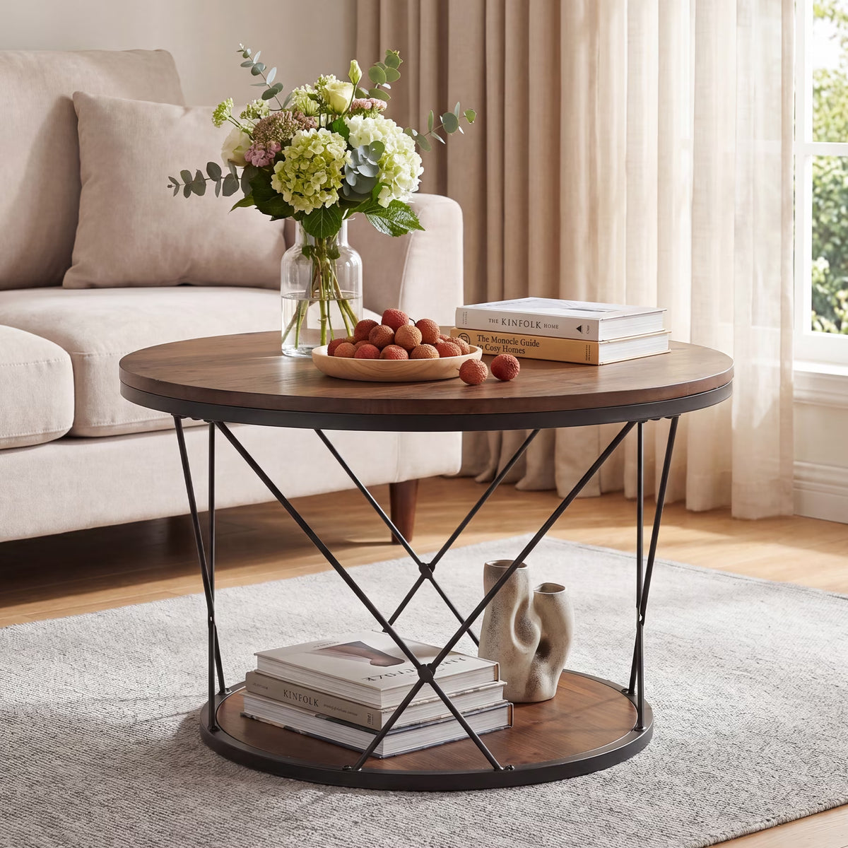2-Tier Solid Wood round Coffee Table, 31.5-Inch Farmhouse Circle Tea Table with X-Shaped Support for Living Room, Rustic Brown and Black