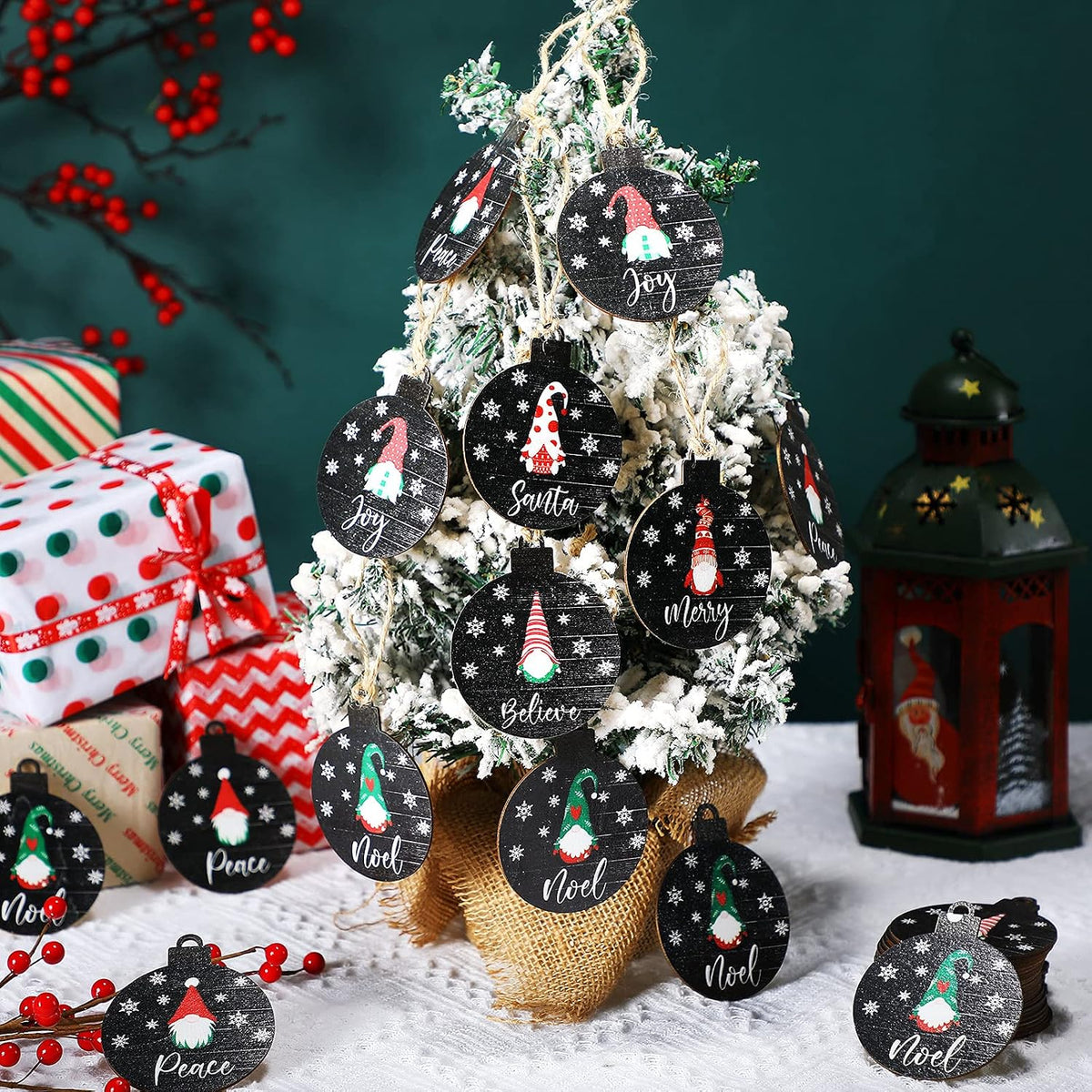 36 Pcs Wooden Gnome Ornaments Wooden Christmas Tree Ornaments,Black