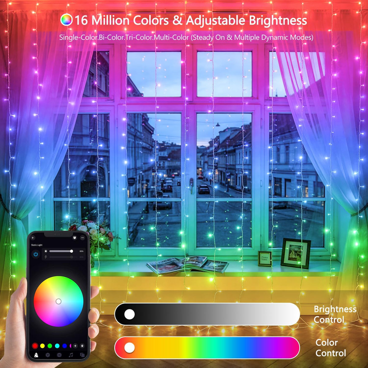 RGB Curtain Lights, 300 LED 9.8×9.8FT Color Changing String Lights