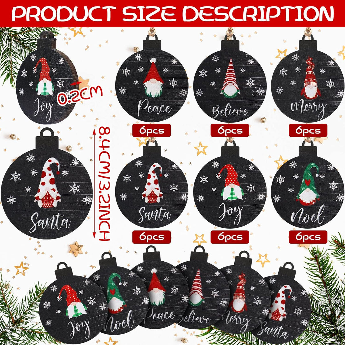 36 Pcs Wooden Gnome Ornaments Wooden Christmas Tree Ornaments,Black