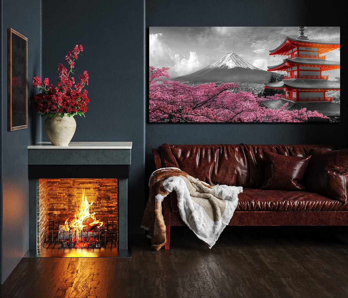 Cherry Blossom Wall-Art for Living Room Large Size - Pink Wall Art Bedroom - Japanese Wall Art Mount Fuji Pictures Poster Ready to Hang Size 59" X 29"