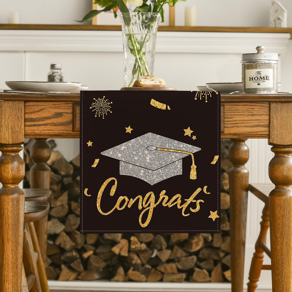 Congrats Table Runner Diploma Cap, 2026 Graduation Holiday Kitchen Dining Table Runners for Home Party Decor 13 X 72 Inch