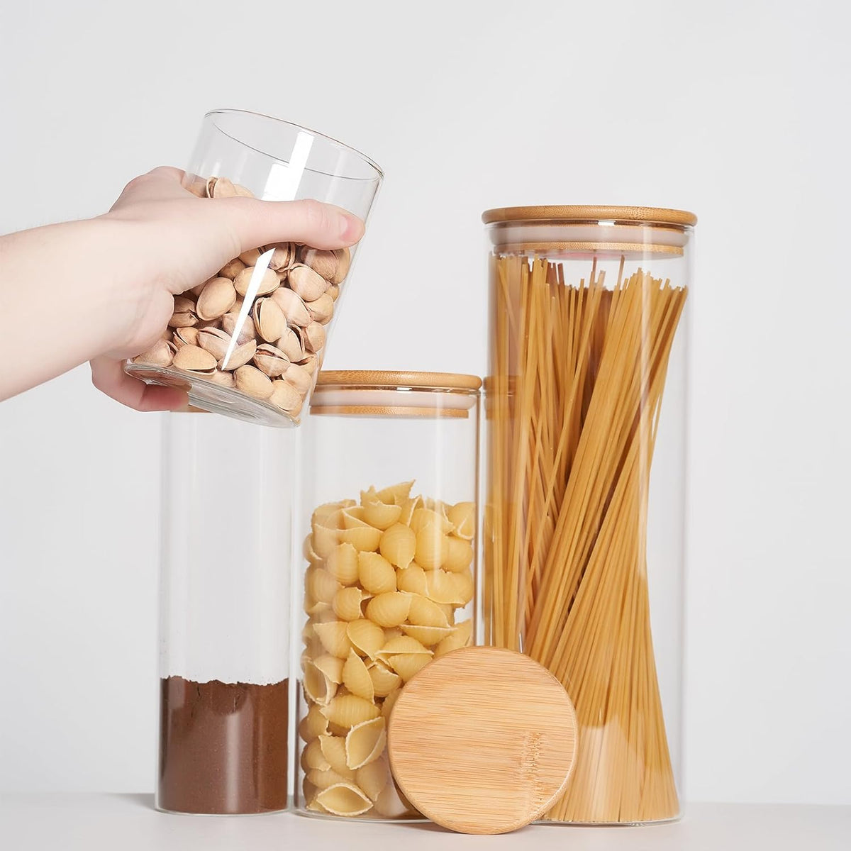 73Oz Glass Pasta Storage Jars, Tall Glass Jars with Bamboo Lids, Spaghetti Container, Set of 3, Kitchen Storage Containers for Pasta, Pantry Organizers