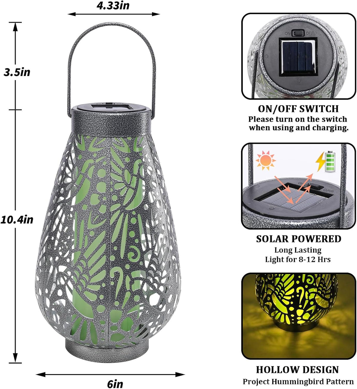 Hummingbird Solar Lantern Outdoor Waterproof Metal Hanging Garden Light
