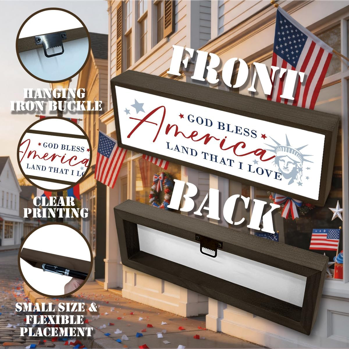 4Th of July Wooden Sign, God Bless America Land That I Love, Patriotic Home Decor Sign with Statue of Liberty, Independence Day Memorial Day Shelf Table Tiered Tray Display, 9.5X3.1 Inches