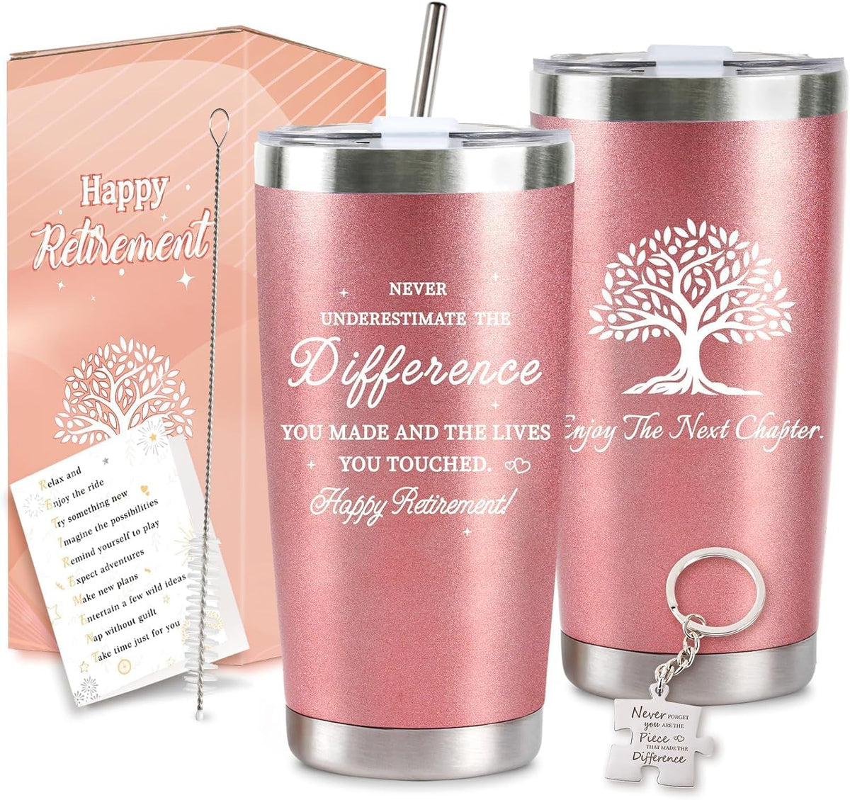 Retirement Gifts for Women, 20 Oz Retired Tumbler Cup with Lid & Straw, Best Retirement Gift Stainless Steel Cup for Women Coworker Teacher Nurses Her Mom Grandma Retirees Christmas, Rose Gold