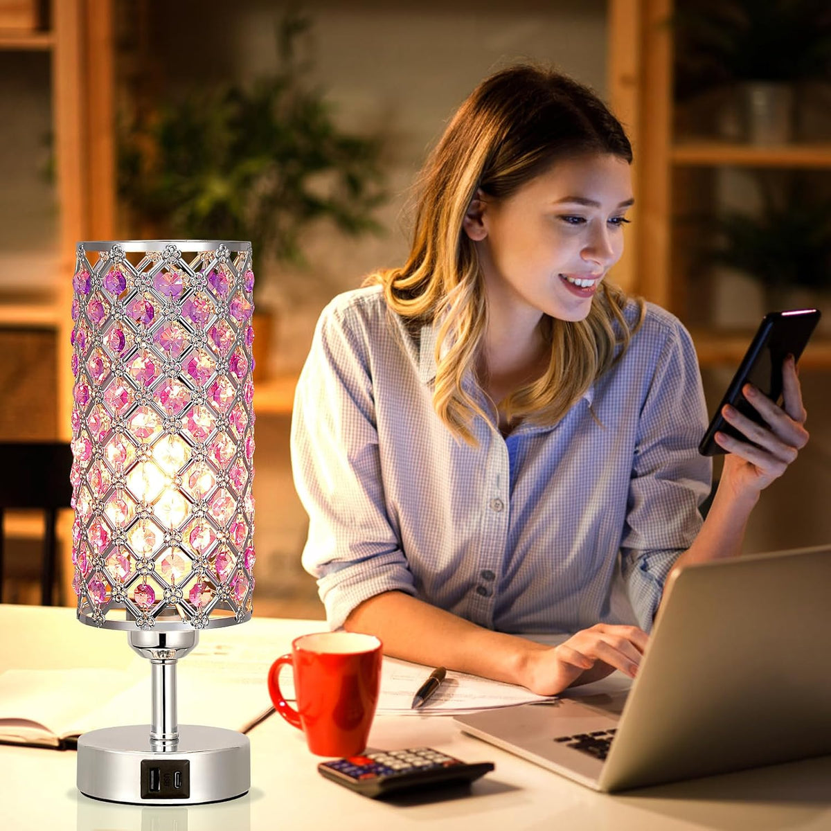 Purple Crystal Table Lamp with USB C+A 3-Way Dimmable Bedside Lamp