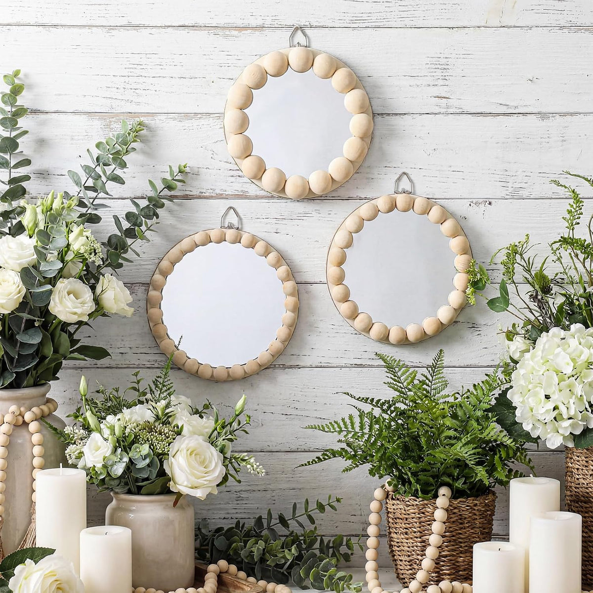 3 Pcs Boho Mirror Wall Decor 4.72 Inch Small round Circle Decorative Mirrors with Wood Bead Hanging Wall Art for Farmhouse Rustic Home Living Room, Bedroom, Bathroom, Entryway