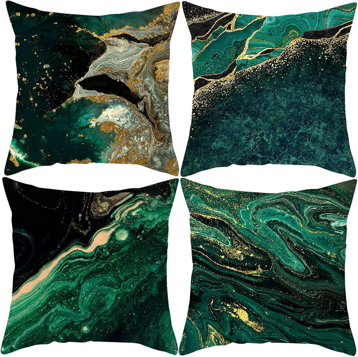 Emerald Green and Gold Marble Throw Pillow Covers 18X18 Set of 4