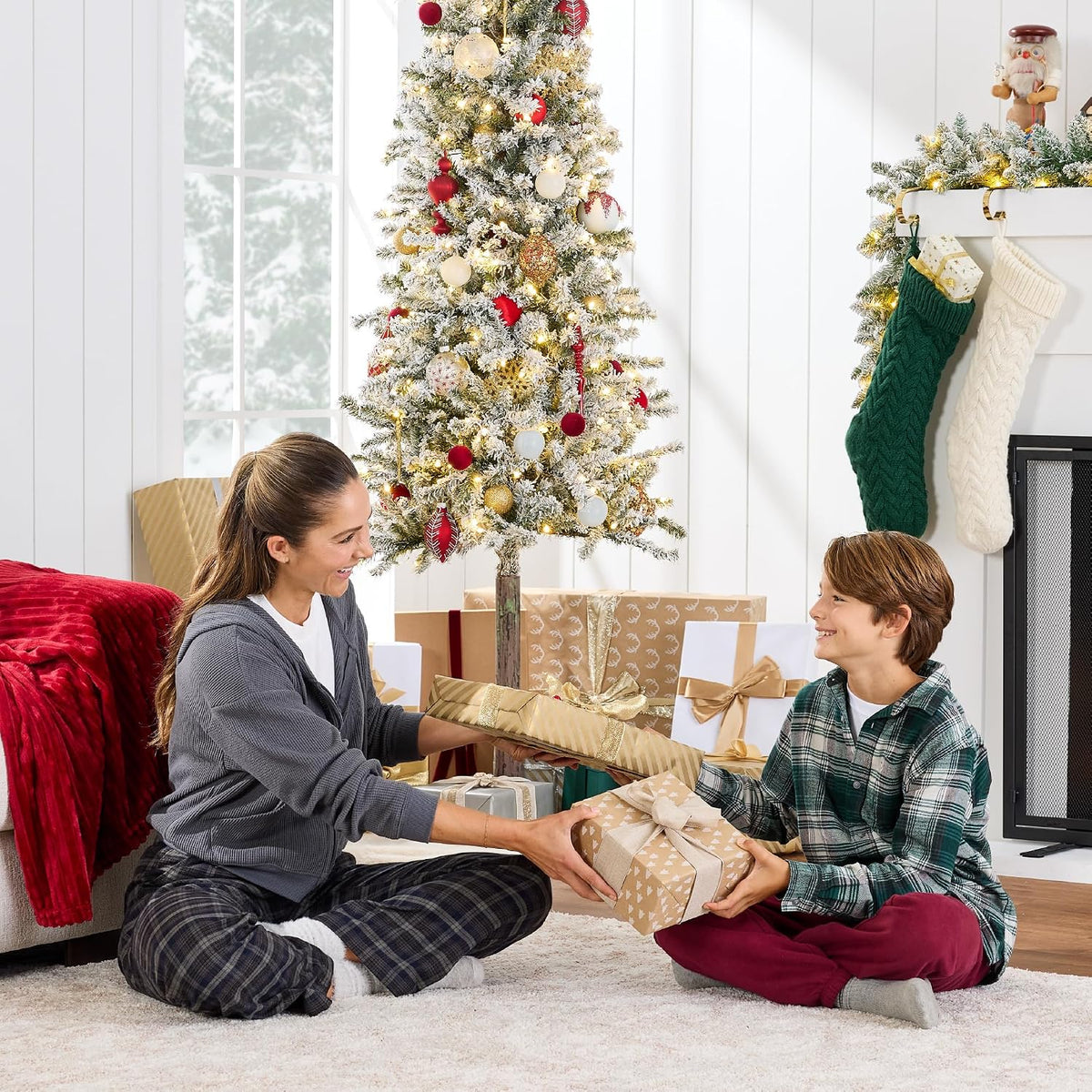 Flocked Pencil Christmas Tree 6Ft Pre-Lit Alpine Slim Holiday Decoration, Lighted Skinny Décor LED Lights, Metal Stand