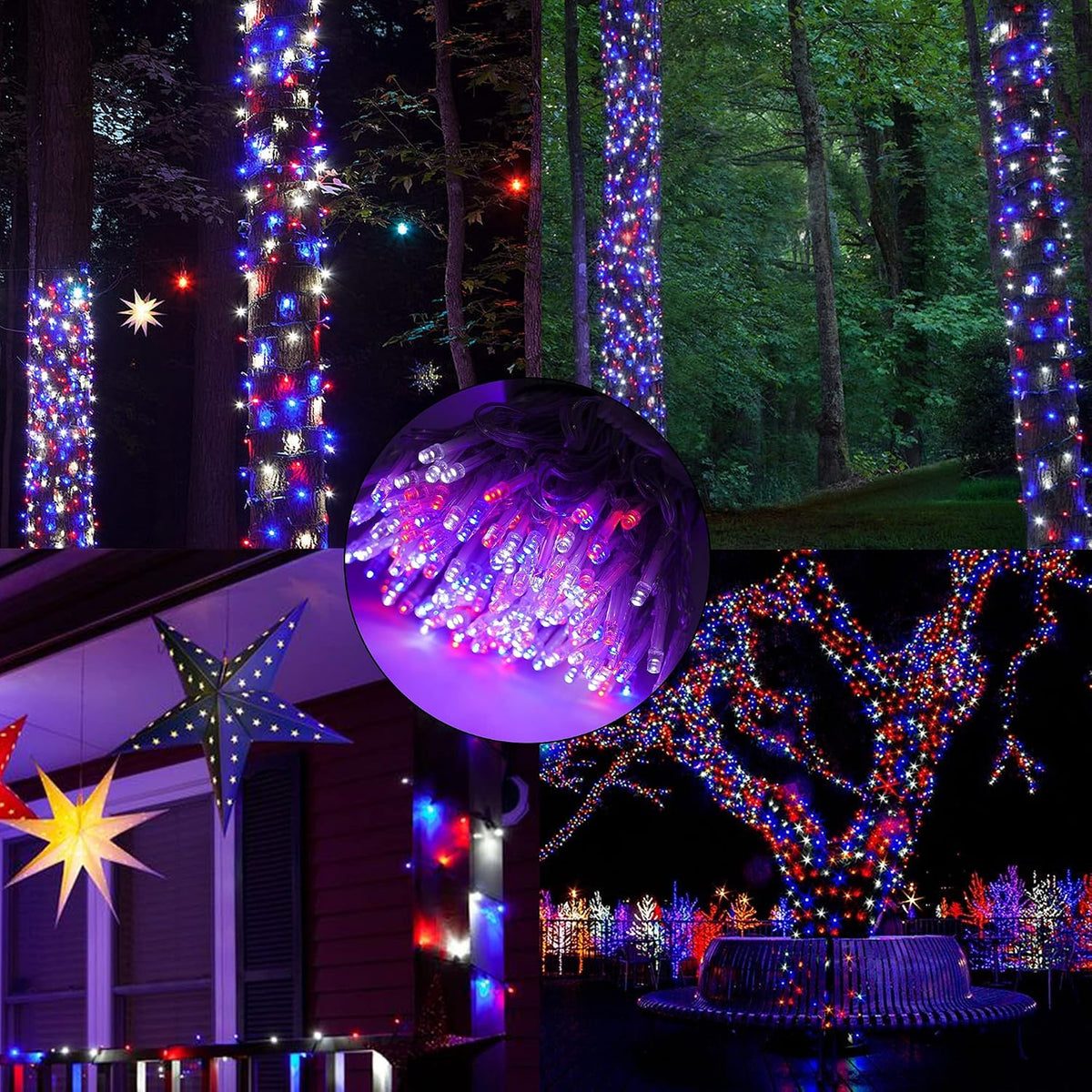 300 LED Indoor String Lights, 100 FT Plug in Waterproof String Lights with 8 Modes for Halloween Thanksgiving Christmas Garden Decoration, Indoor and Outdoor Decoration (Blue, Red and White)