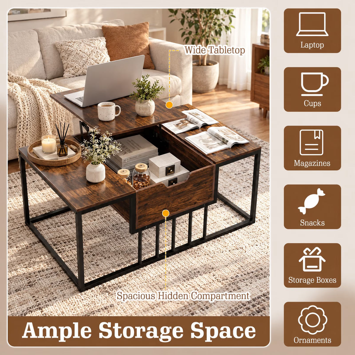Lift Top Coffee Table Modern Center Table with Hidden Storage Compartment, 110 Lbs Capacity, Engineered Wood Metal Frame, Coffee
