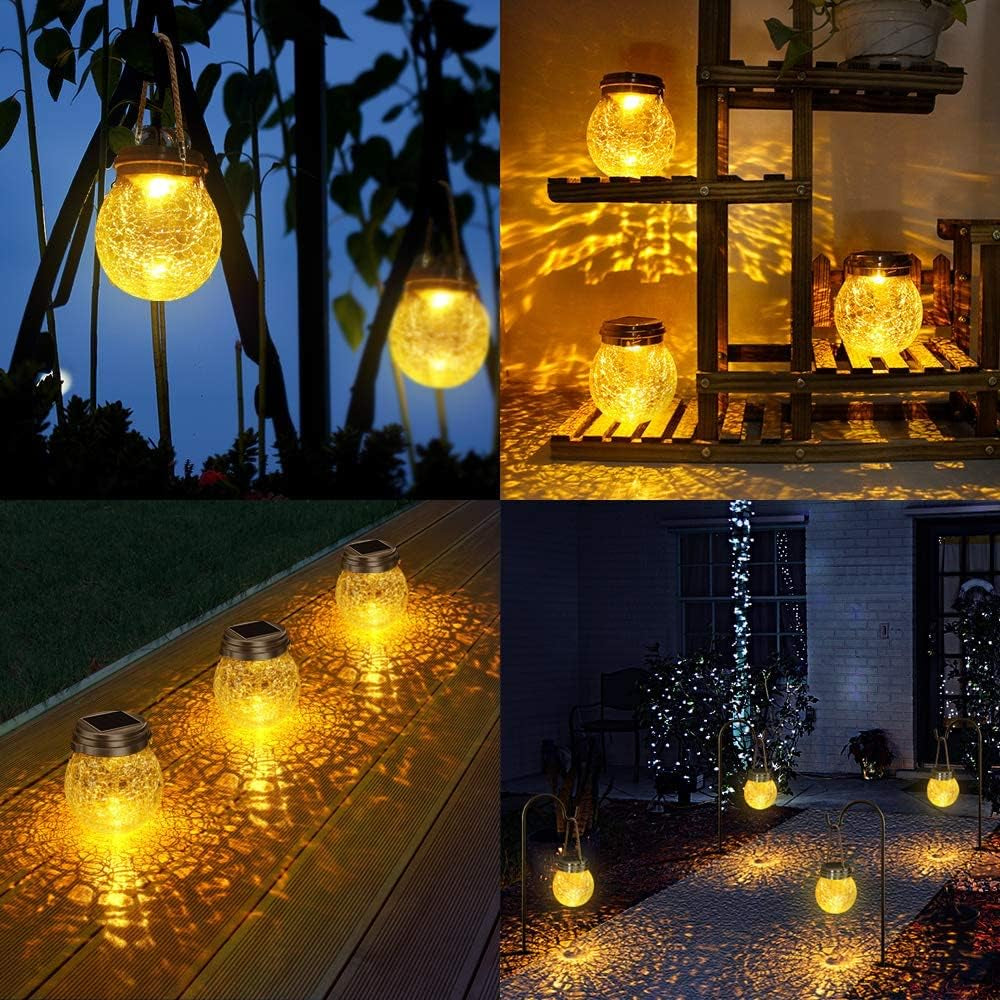 Solar Lanterns Outdoor Waterproof, 4 Pack Hanging Solar Lights Outdoor Garden Decor, Amber Warm & RGB LED Globe Cracked Glass Ball Lantern for Yard Tree Fence Patio Porch Events Deck Pathway