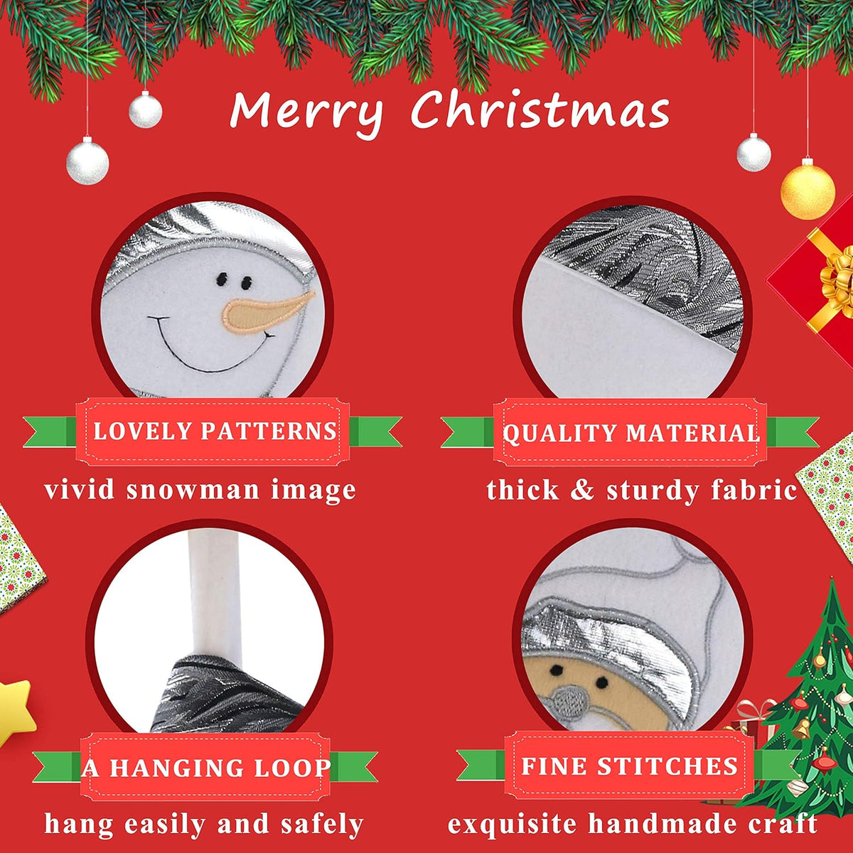 Classic White Silvery Christmas Stockings Set of 2 Santa, Snowman Xmas Character Fireplace Hanging Stockings 17 Inches for Holiday Party Family