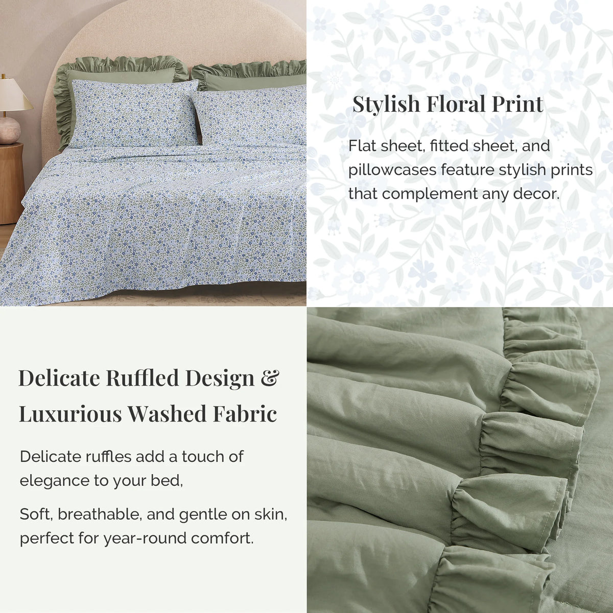 Ruffle Design 7-Piece Bed in a Bag Comforter Set with Sheets,Sage Green,Queen