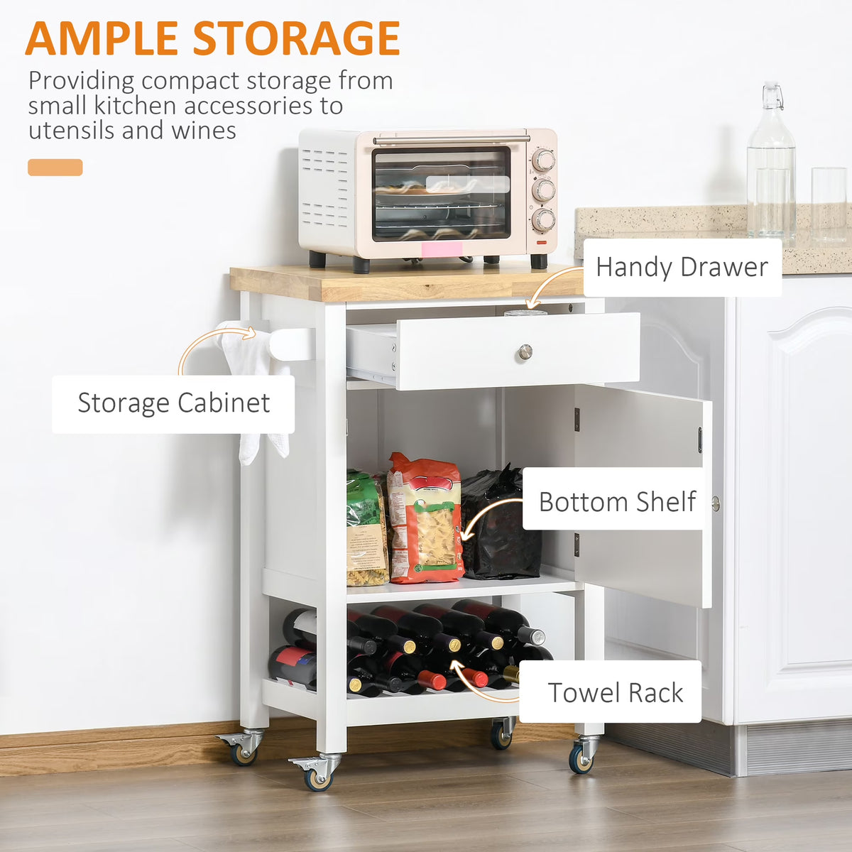 Utility Kitchen Cart, Rolling Kitchen Island with Smooth Rubberwood Top, Narrow Butcher Block Surface on Wheels with Storage Drawer & Cabinet, White