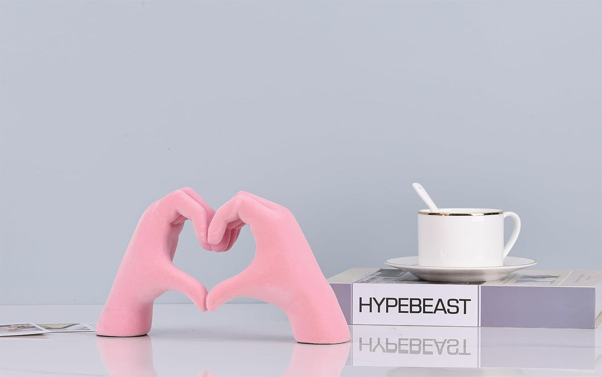 Pink Hand Sculpture Home Accent, Romantic Heart Hand Statue Love Sign, for Wedding Table, Small Decor Item for Shelf, Anniversary Couple Figurine