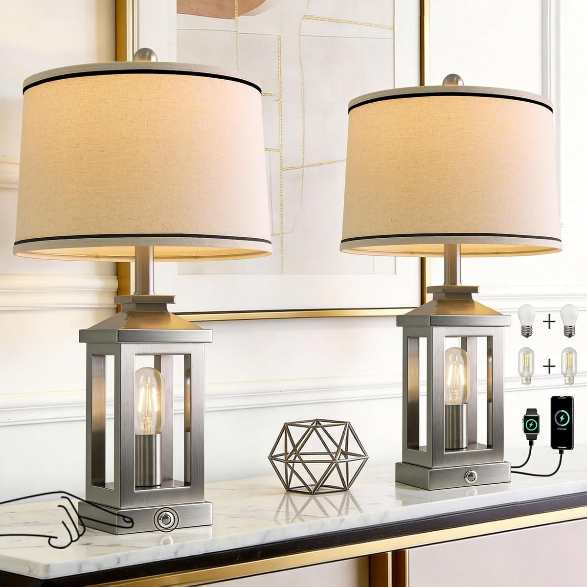 Modern Table Lamps Set of 2 for Living Room 23.75" Bedroom Nightstand Lamps