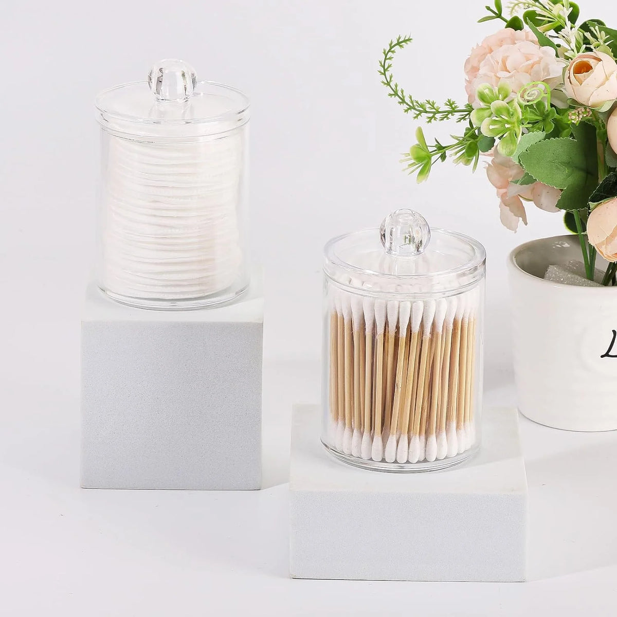 4 Pack Qtip Holder Dispenser for Cotton Ball,Cotton Swab,Cotton round Pads,Floss Picks - Small Clear Plastic Apothecary Jar Set for Bathroom Canister Storage Organization,Vanity Makeup Organizer