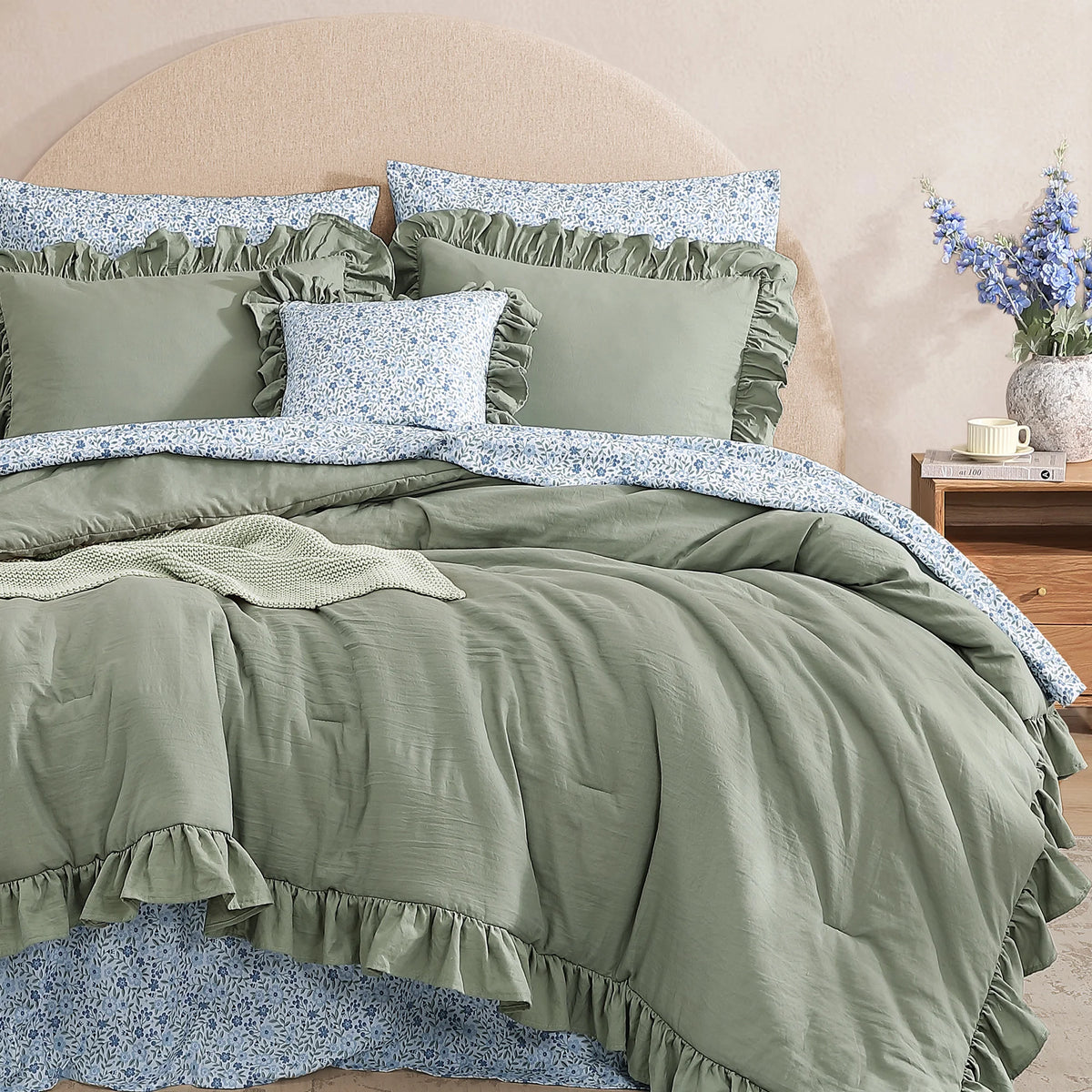 Ruffle Design 7-Piece Bed in a Bag Comforter Set with Sheets,Sage Green,Queen