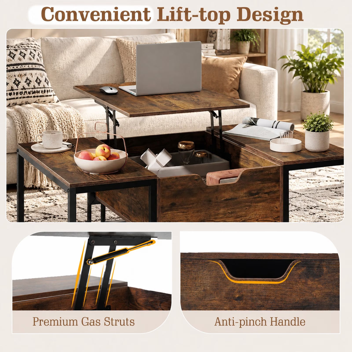 Lift Top Coffee Table Modern Center Table with Hidden Storage Compartment, 110 Lbs Capacity, Engineered Wood Metal Frame, Coffee