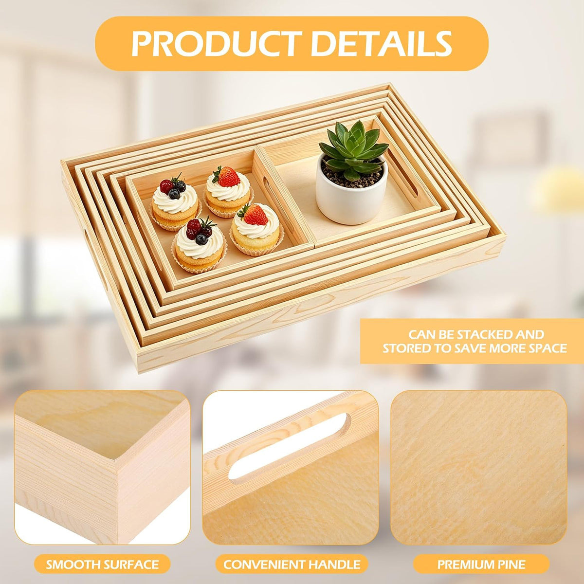7 Pieces Wooden Trays, Wooden Nested Serving Trays