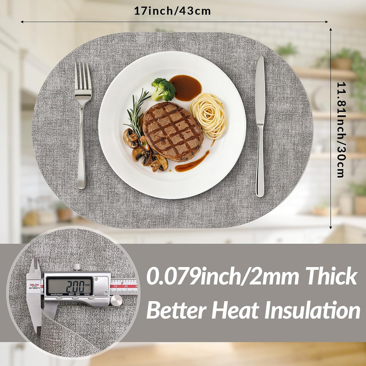 Heat Resistant Oval Placemats Set of 6, Light Grey