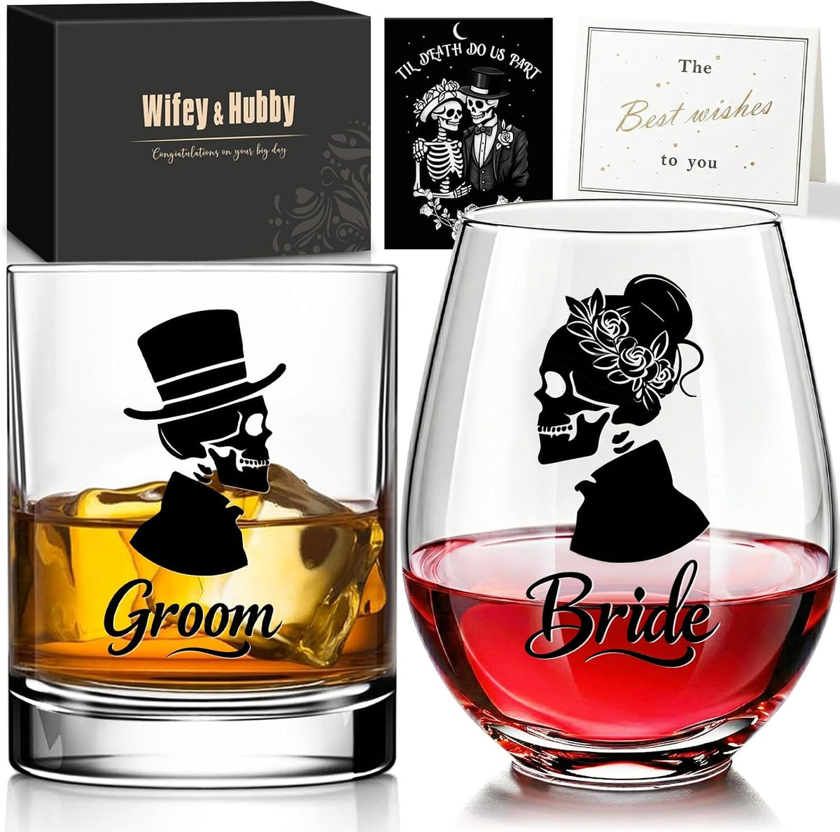 Skull Bride & Groom Wine Glass for Couples – Till Death Do Us Part Romantic Present for Him and Her – Gothic Wedding Anniversary Engagement Gifts Set – Unique Gothic Wedding Decoration