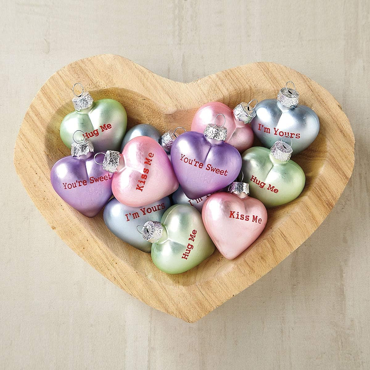 Pastel Candy Conversation Hearts Valentines Ornaments - 12-Piece Assortment, Blown Glass, Handcrafted Hanging Tree Decorations, Pastel Heart Holiday & Party Decor, 2.5 in Tall