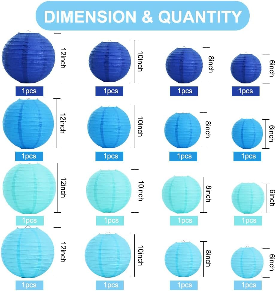 Blue Mix Paper Lanterns 16Pcs 6/8/10/12 Inch round Chinese Lamp
