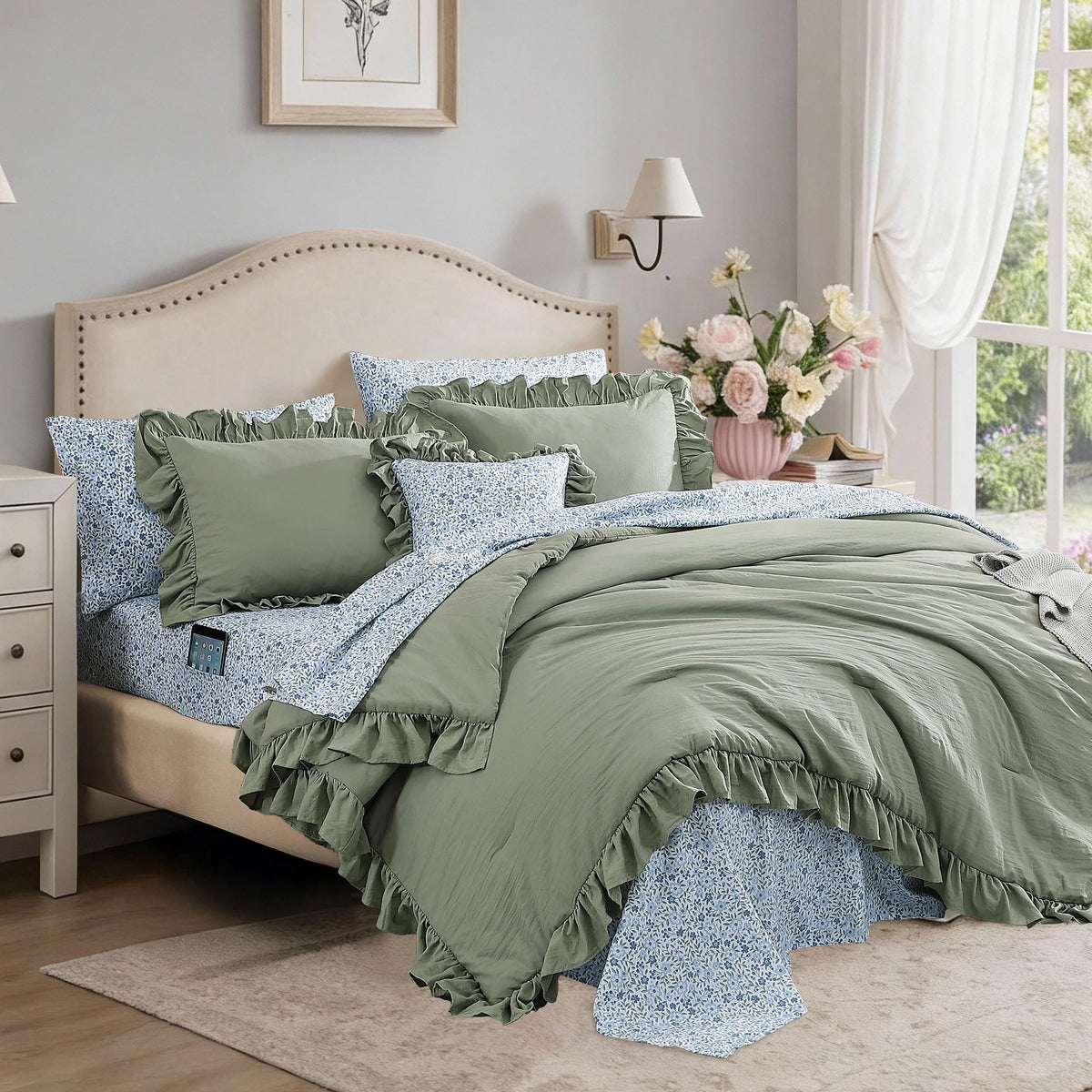 Ruffle Design 7-Piece Bed in a Bag Comforter Set with Sheets,Sage Green,Queen