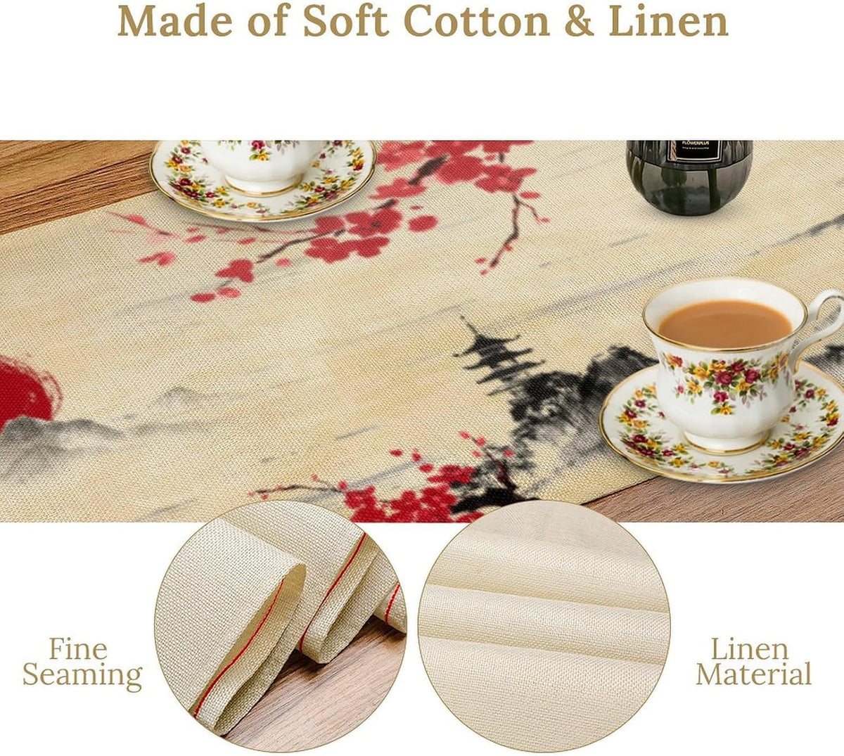 Japanese Table Runner, Cherry Blossom Asian Nature Landscape Aesthetic Kitchen Dining Table Runners for Indoor Outdoor Home Party Holiday Decor 13X36Inch