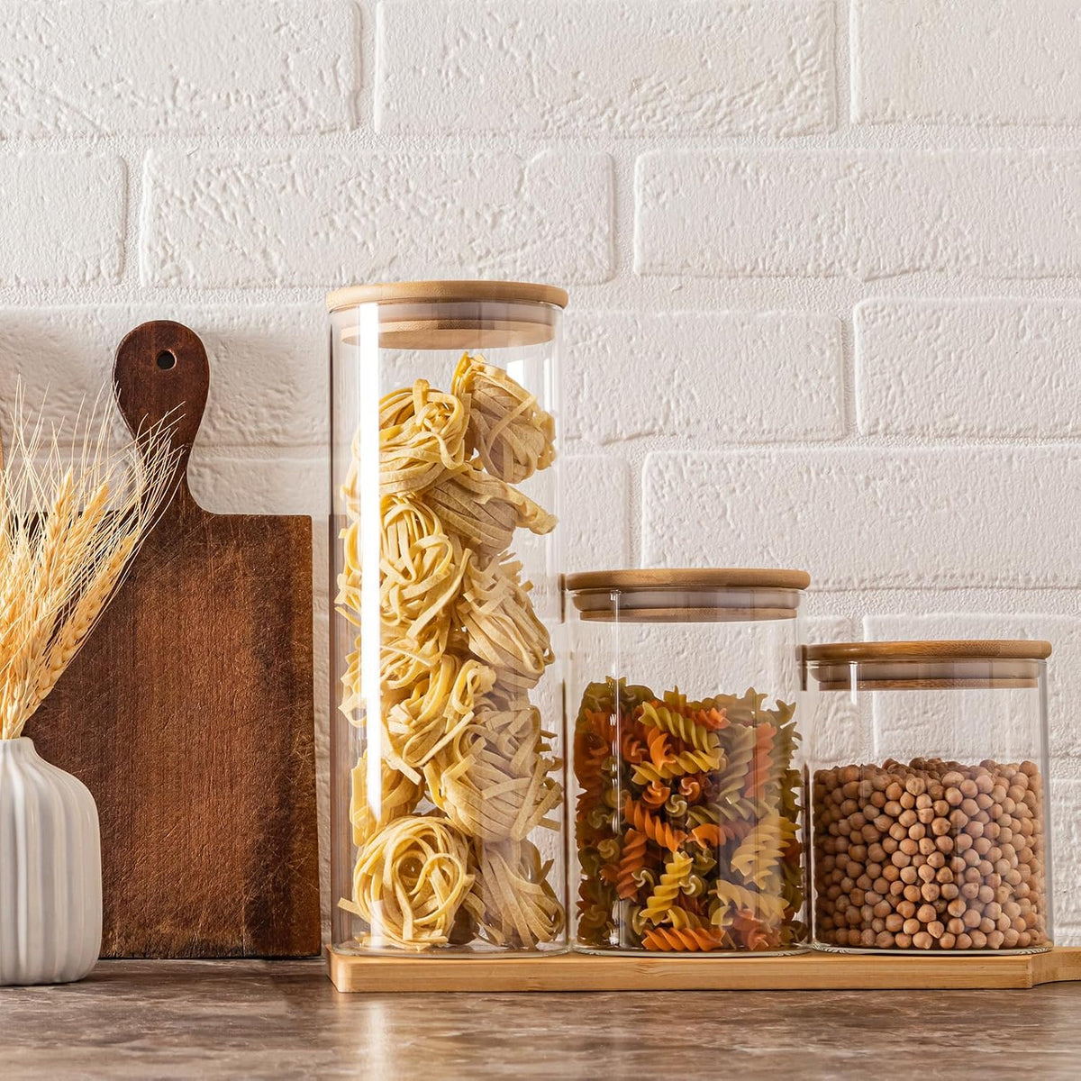 73Oz Glass Pasta Storage Jars, Tall Glass Jars with Bamboo Lids, Spaghetti Container, Set of 3, Kitchen Storage Containers for Pasta, Pantry Organizers