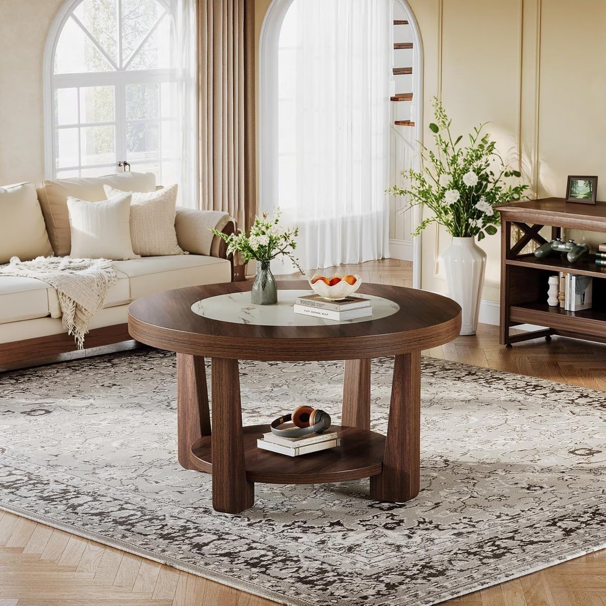 Coffee Table, 2-Tier round Coffee Tablefor Living Room, Industrial Circle Wood Accent Center Table with Heavy-Duty Wood Tabletop and Storage, Brown and White