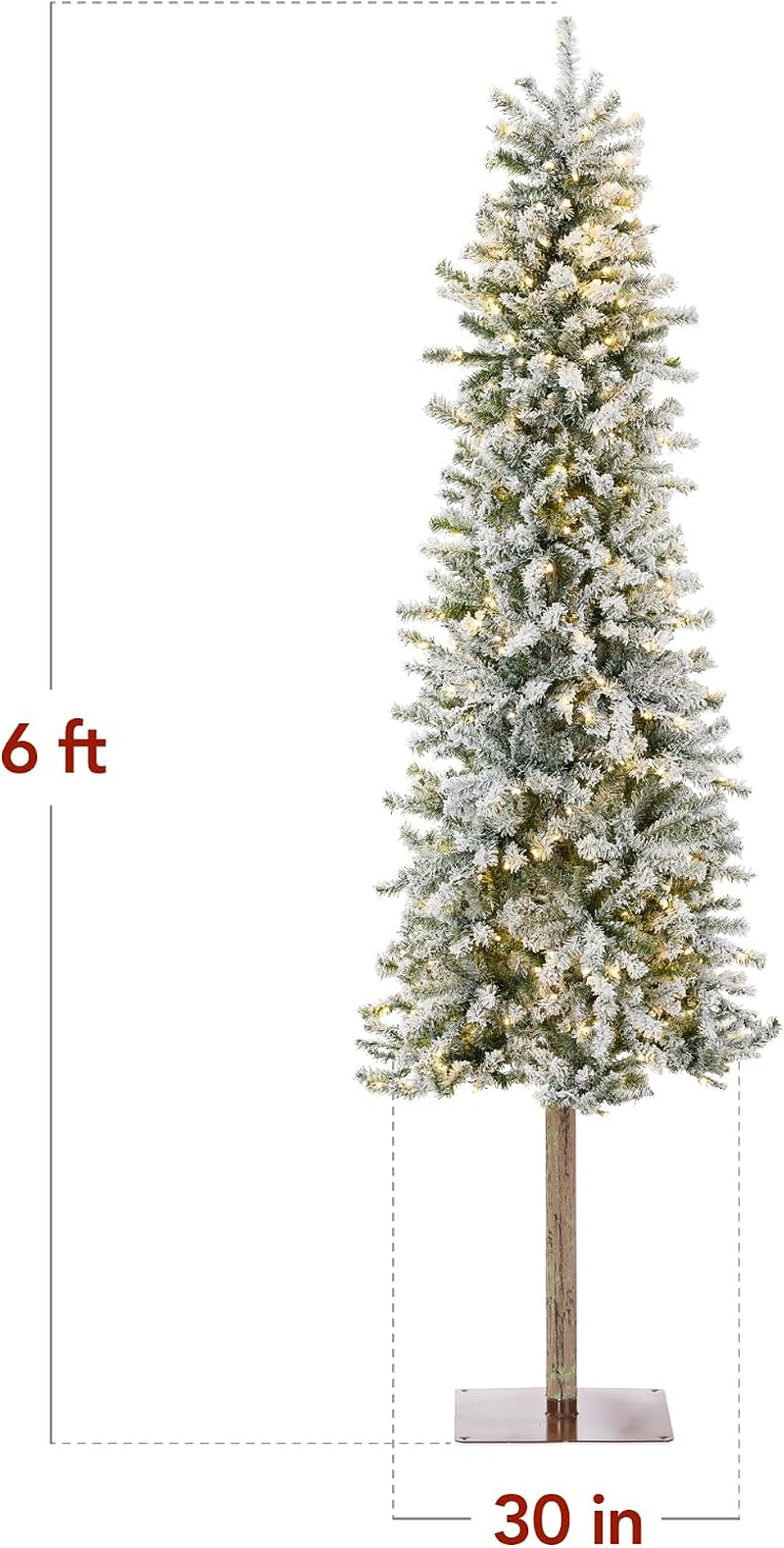 Flocked Pencil Christmas Tree 6Ft Pre-Lit Alpine Slim Holiday Decoration, Lighted Skinny Décor LED Lights, Metal Stand