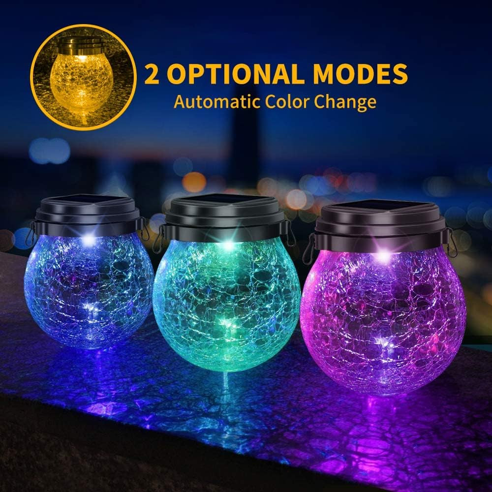 Solar Lanterns Outdoor Waterproof, 4 Pack Hanging Solar Lights Outdoor Garden Decor, Amber Warm & RGB LED Globe Cracked Glass Ball Lantern for Yard Tree Fence Patio Porch Events Deck Pathway