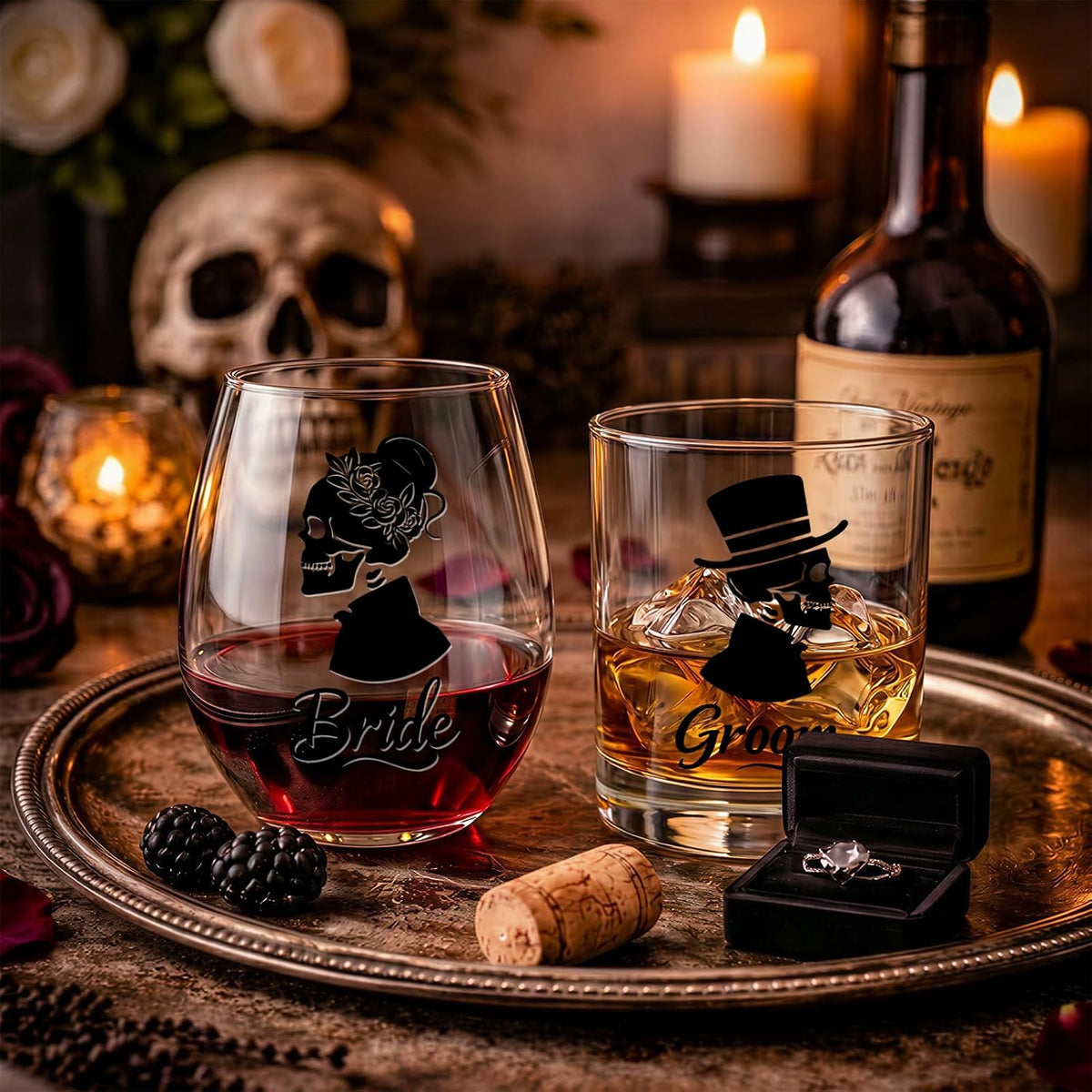 Skull Bride & Groom Wine Glass for Couples – Till Death Do Us Part Romantic Present for Him and Her – Gothic Wedding Anniversary Engagement Gifts Set – Unique Gothic Wedding Decoration