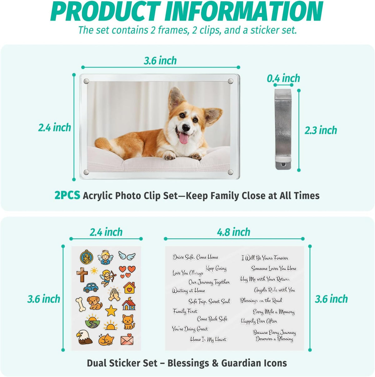 2Pcs Car Picture Holder for Sun Visor,Clear Acrylic & Strong Magnetic Car Visor Photo Clip with Safe Driving &Guardian Icons Stickers, Cute Car Accessories,Gift for Family & Friends (2.4X3.5)