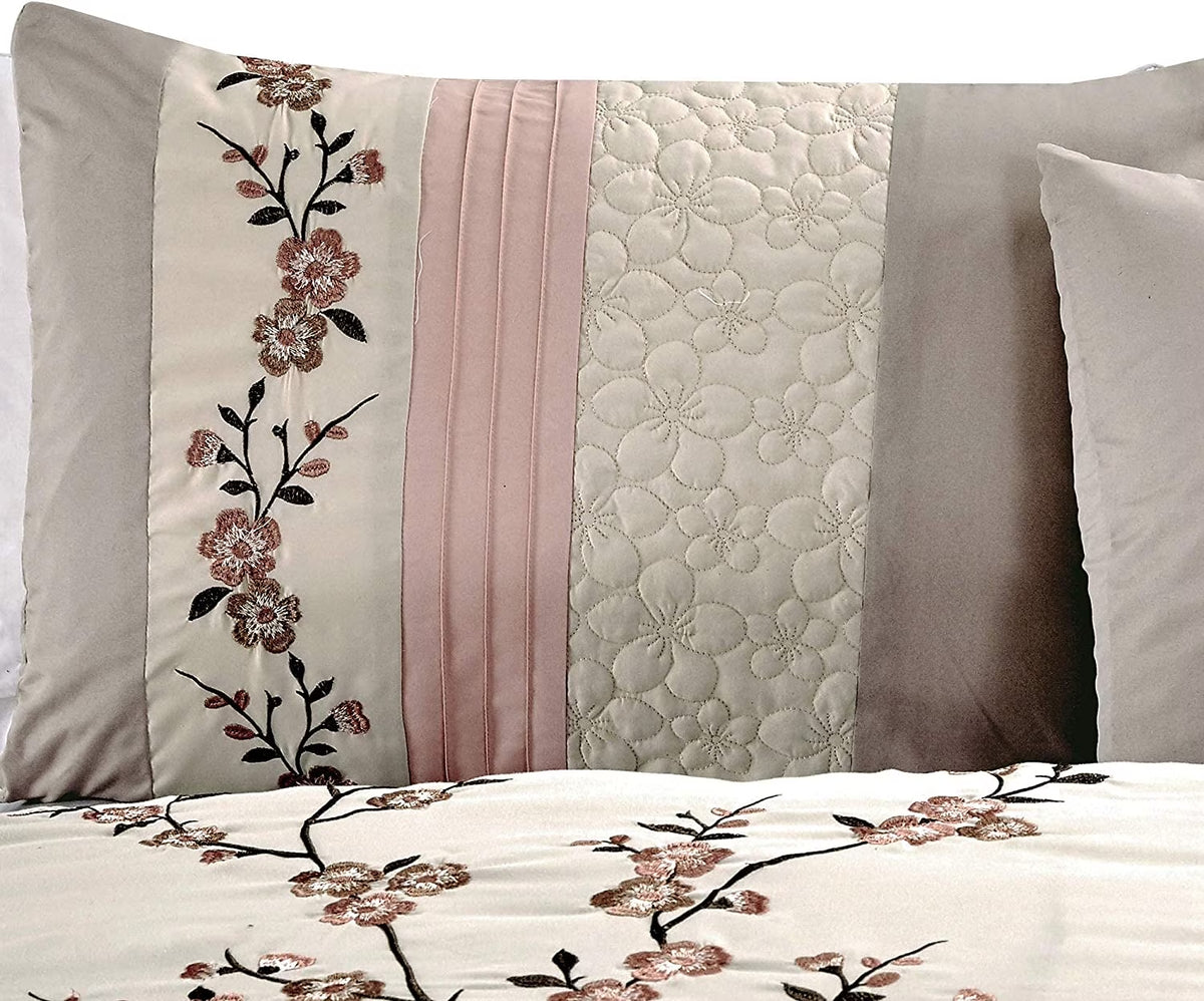 Linnea 7-Piece Luxury Blush Cherry Blossom Floral Embroidery Bedding Comforter Set, Queen