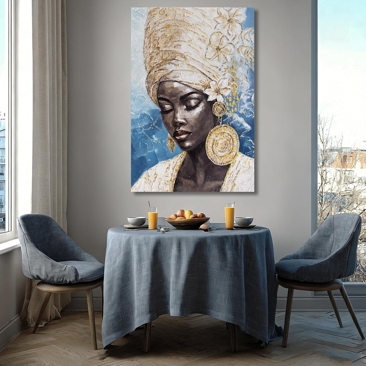 Blue Gold Black Woman Wall Art, Large African American Canvas Wall Art for Living Room Bedroom Office, Modern Portrait Wall Art Print, 32X48 Inch