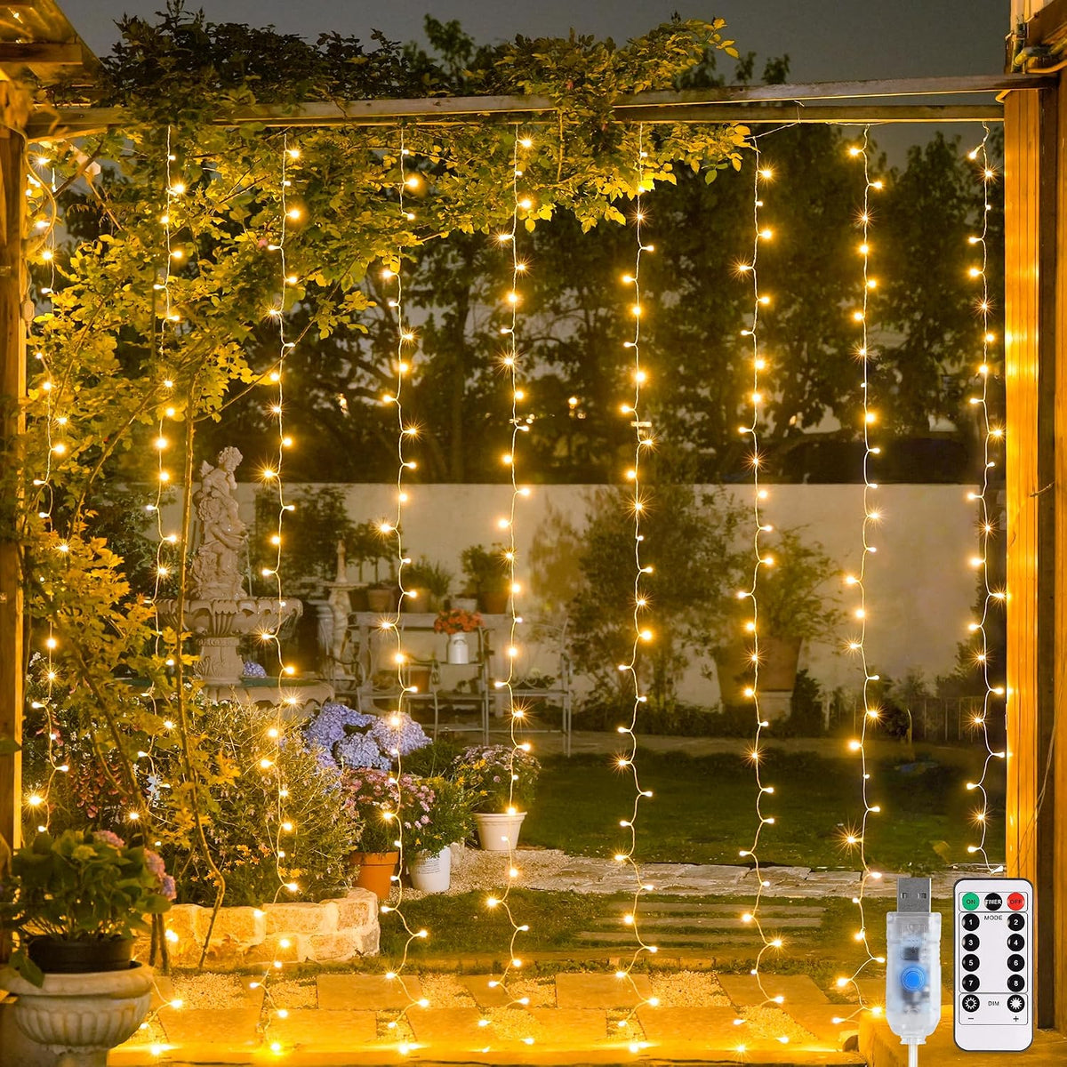 USB Plug in Curtain Lights 200 LED with 8 Modes, 6.5Ftx6.5Ft