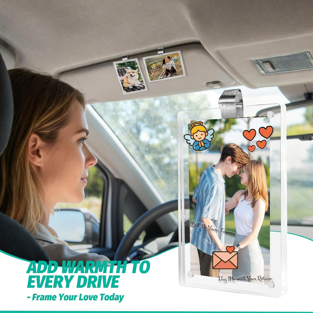 2Pcs Car Picture Holder for Sun Visor,Clear Acrylic & Strong Magnetic Car Visor Photo Clip with Safe Driving &Guardian Icons Stickers, Cute Car Accessories,Gift for Family & Friends (2.4X3.5)