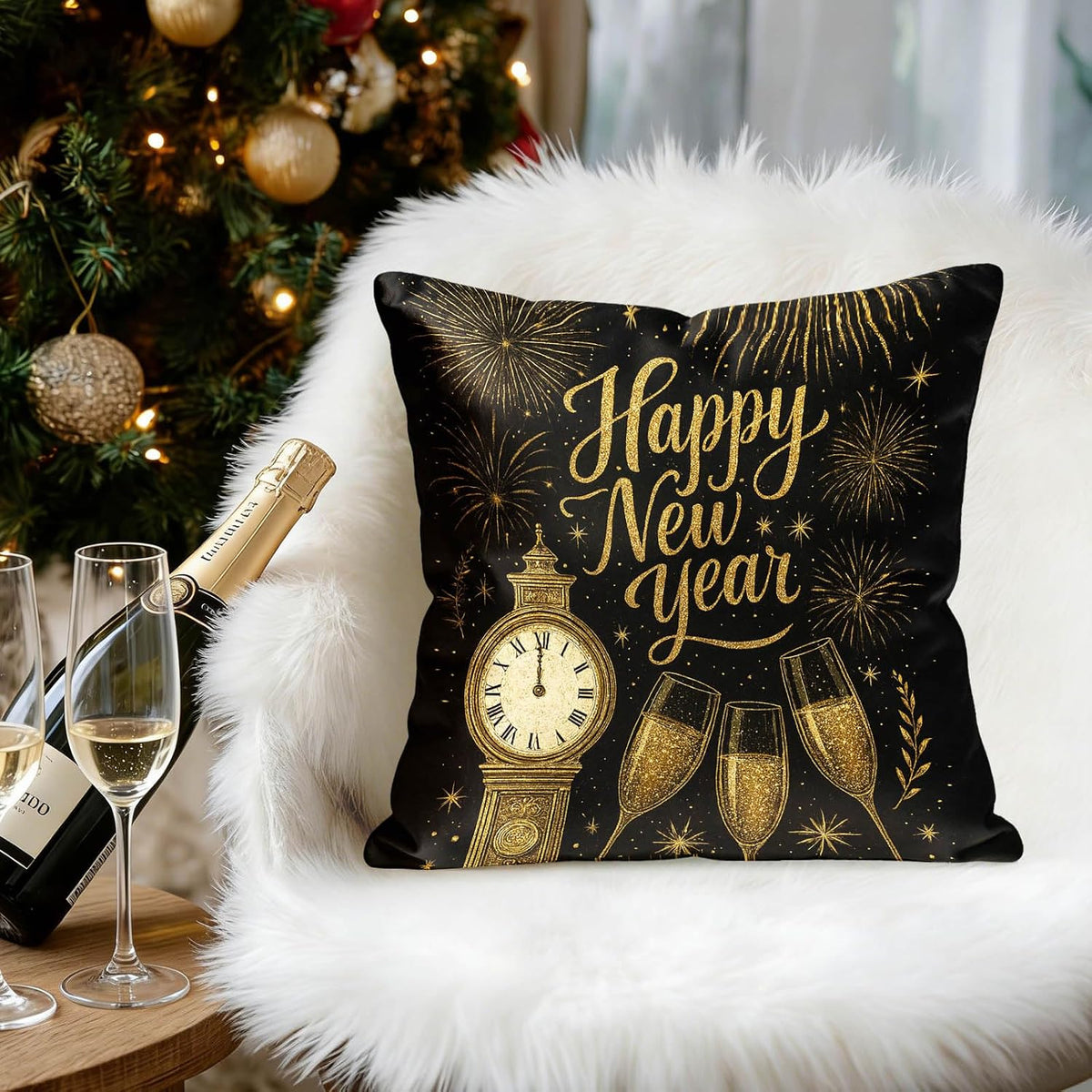 Set of 2 Happy New Year Throw Pillow Covers 18X18 Inch Soft Decorative Gold Black Celebration Cushion Covers Rustic Farmhouse Holiday Winter Pillow Cases for Sofa Couch Bed Home Decor