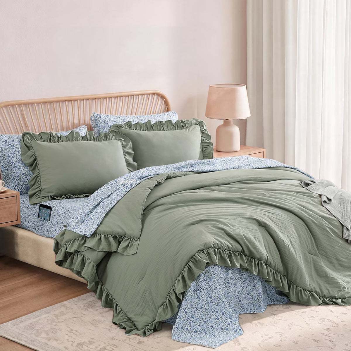 Ruffle Design 7-Piece Bed in a Bag Comforter Set with Sheets,Sage Green,Queen