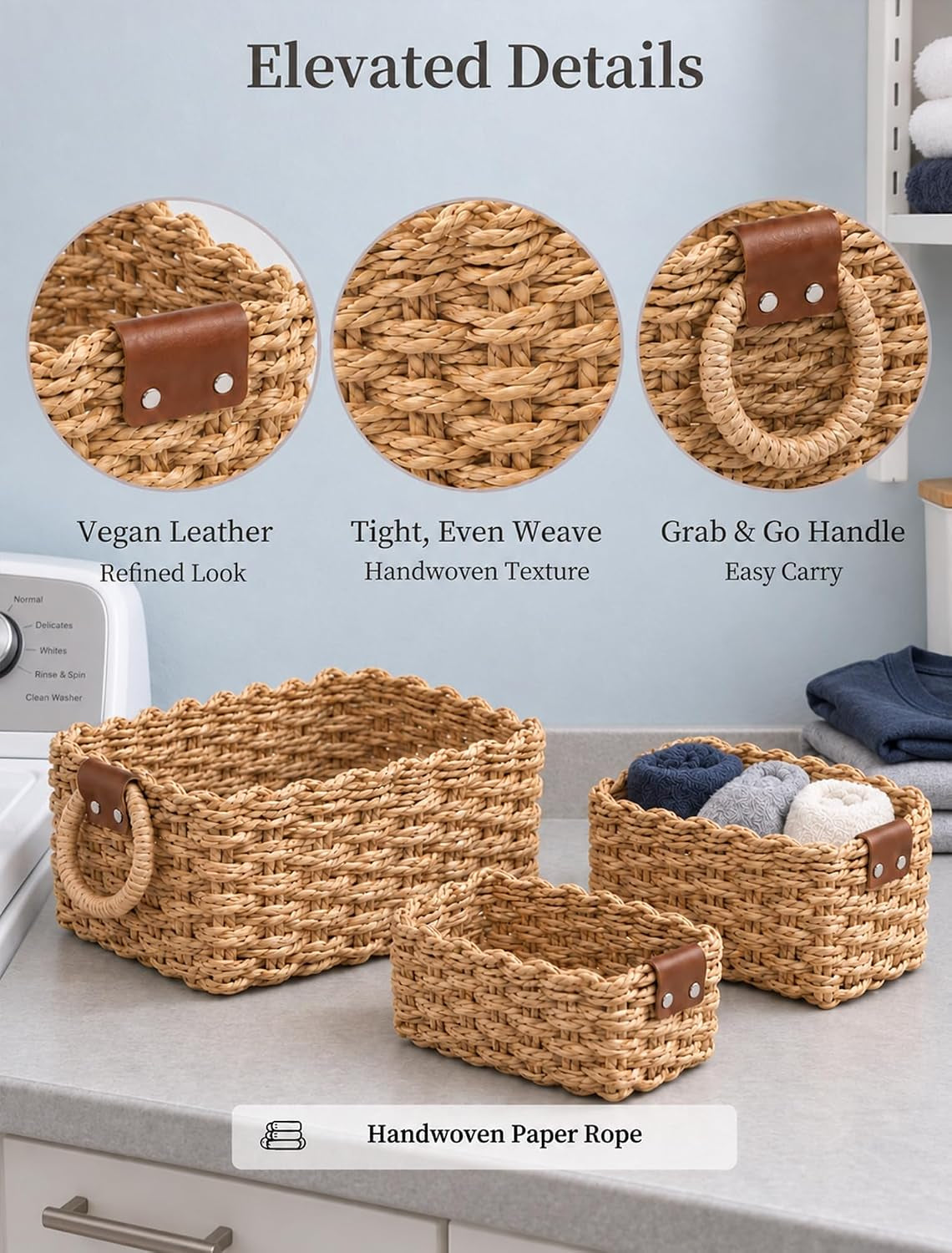 Small Wicker Baskets, 3 PCS Paper Rope Baskets for Shelves, Brown