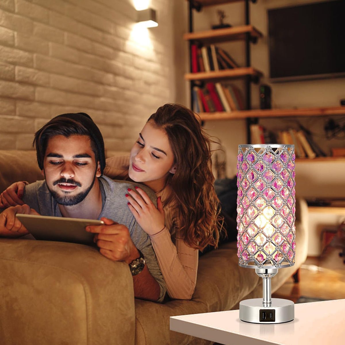 Purple Crystal Table Lamp with USB C+A 3-Way Dimmable Bedside Lamp
